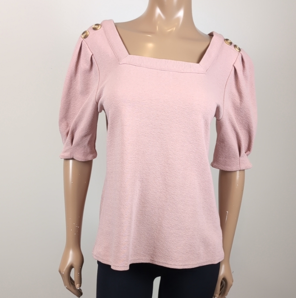Current Air Barnette Top Tie Waist Puff Sleeve Square Neck Anthropologie Pink - Picture 2 of 11